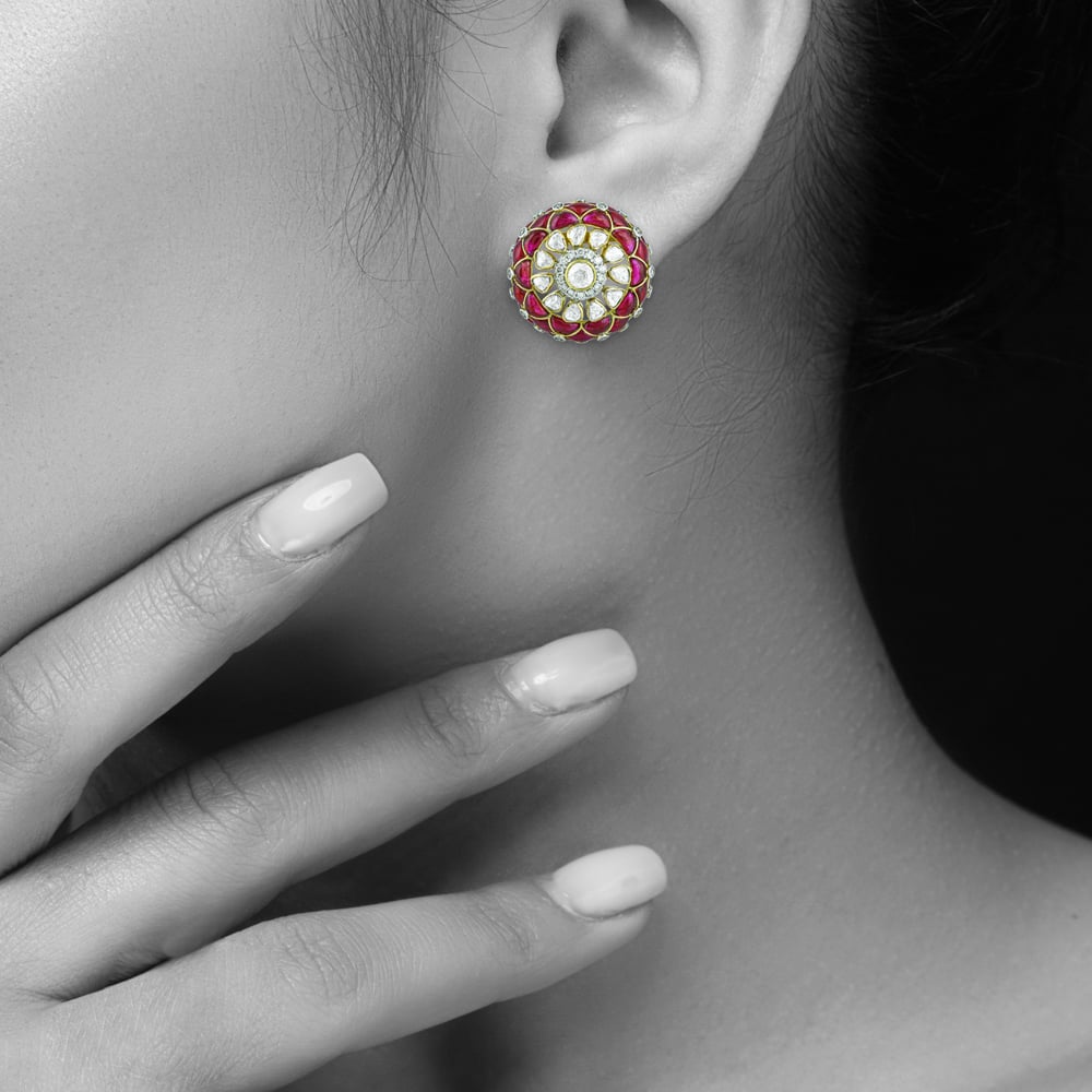 Floral Polki Earrings with Red Gemstone Talaf